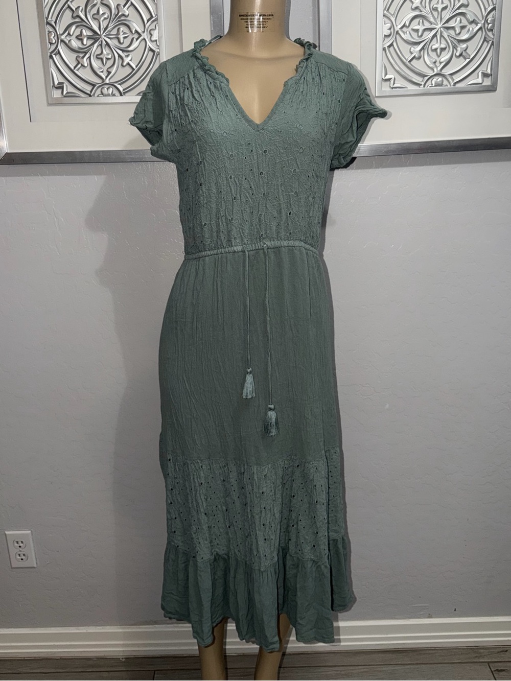 Sonoma Sage Green Tiered Midi Dress with Tassel Tie